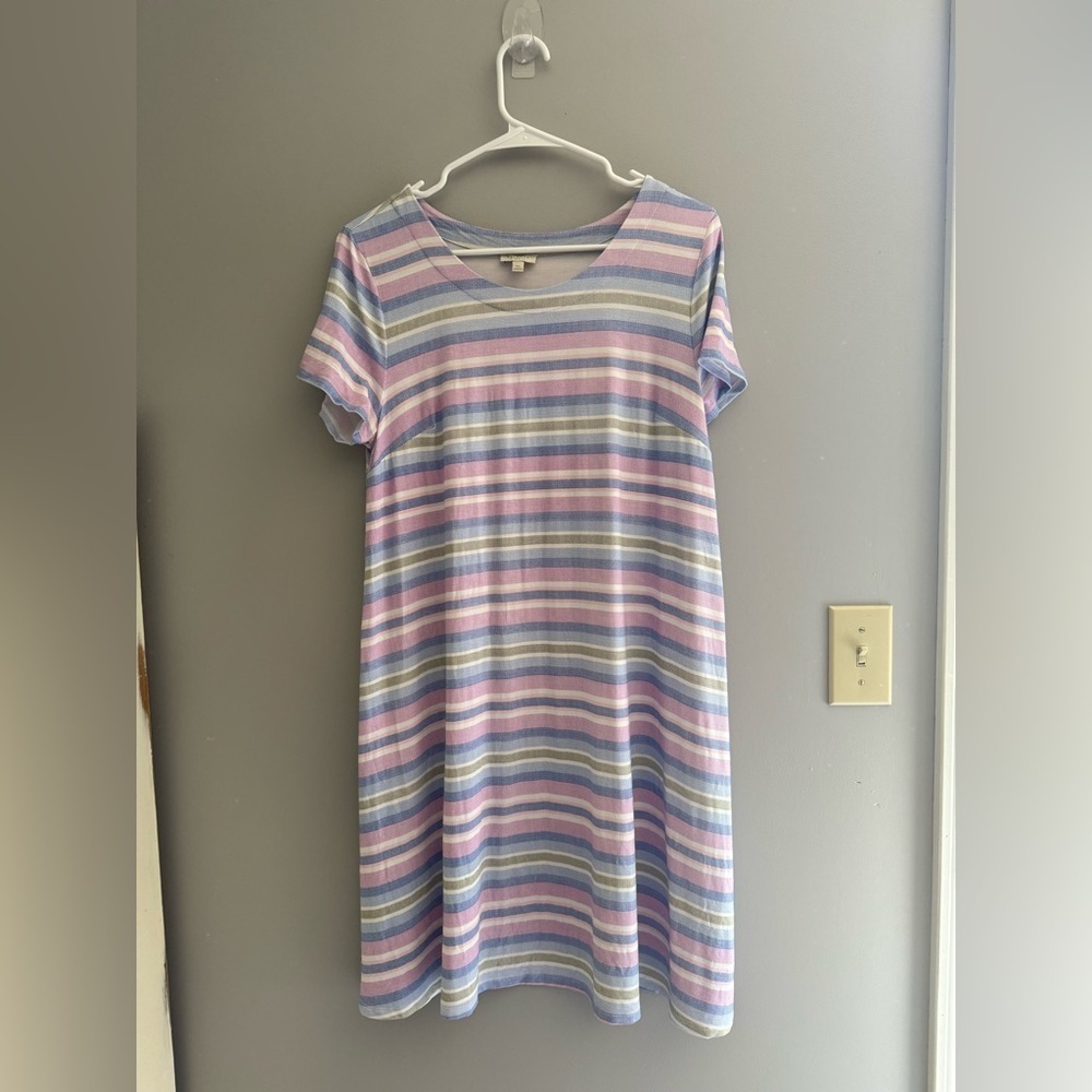 Talbots Womens Multicolored Striped T Shirt Dress SZ MP Short Sleeve MIDI Spring